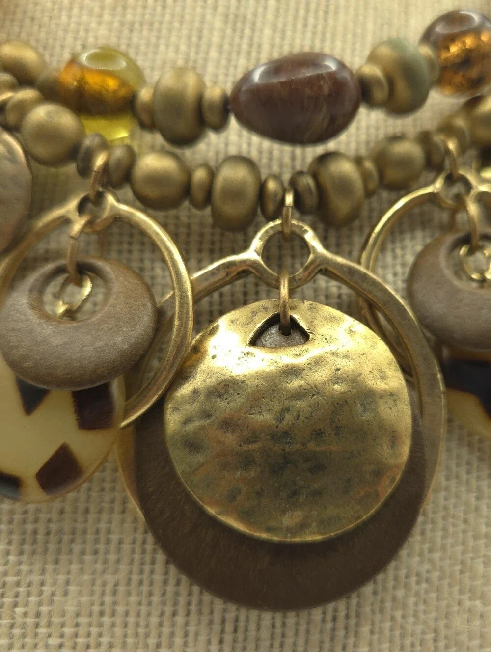 Chico's Multi-Media Bead Amber Brass Disc Brown Layered Necklace Rustic Boho Art